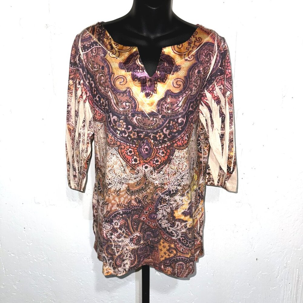 Vintage Carole Little Petite Size XL Retro Boho 3/4 Sleeve Top